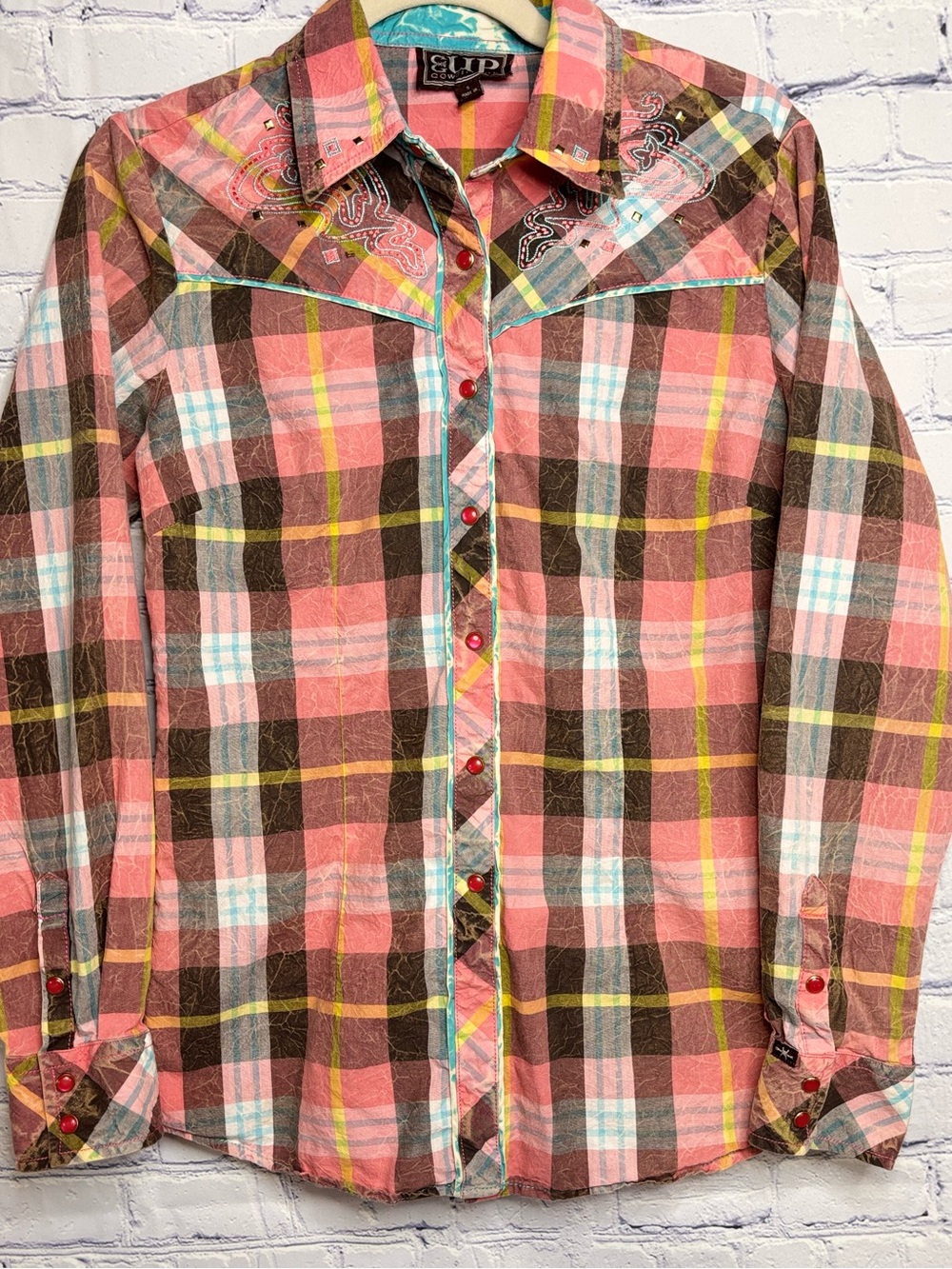Cowgirl Up Peach Brown Plaid Embroidered Western Equestrian Prairie Snap Shirt S